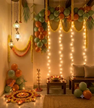 Diwali Home Decoration with Diyas, Marigold & Lights